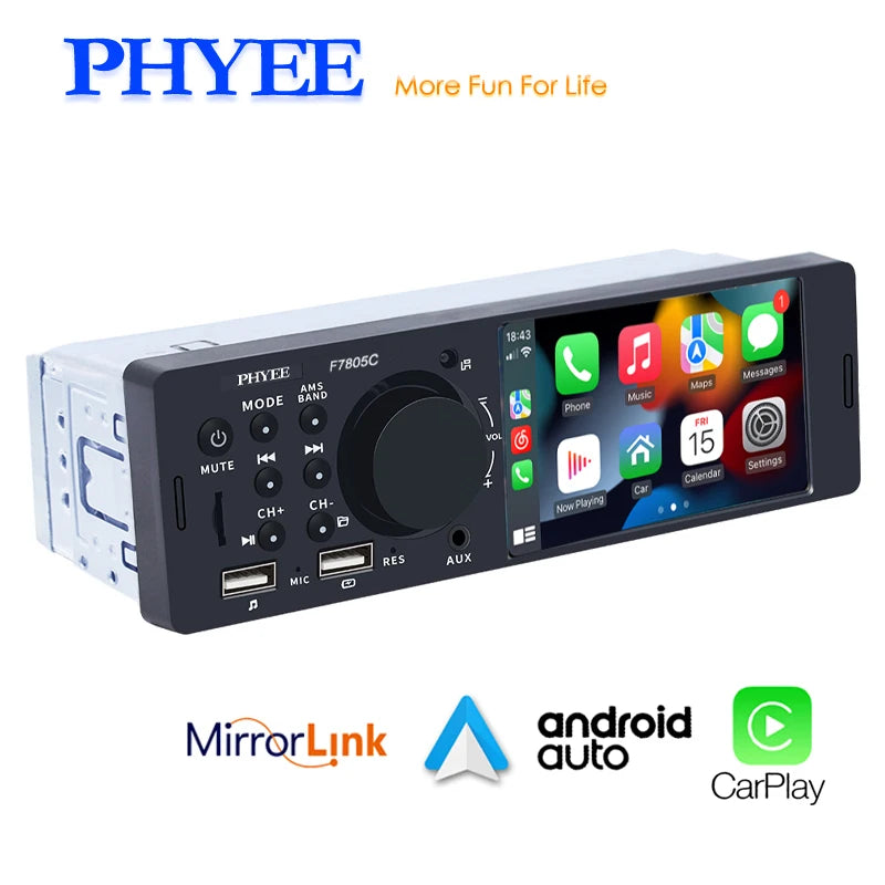 1 Din 4" CarPlay Car Radio, Bluetooth, Android-Auto, MP5 Player, Handfree A2DP, USB TF Aux Stereo, Multimedia Head Unit F7805C