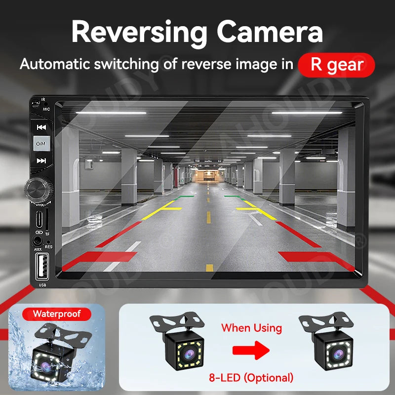 AHOUDY Car Radio 2 Din Wireless Carplay Android Auto 7-Inch HD Touch Screen MP5 Player Mirrorlink 12-LED Reversing Camera BT