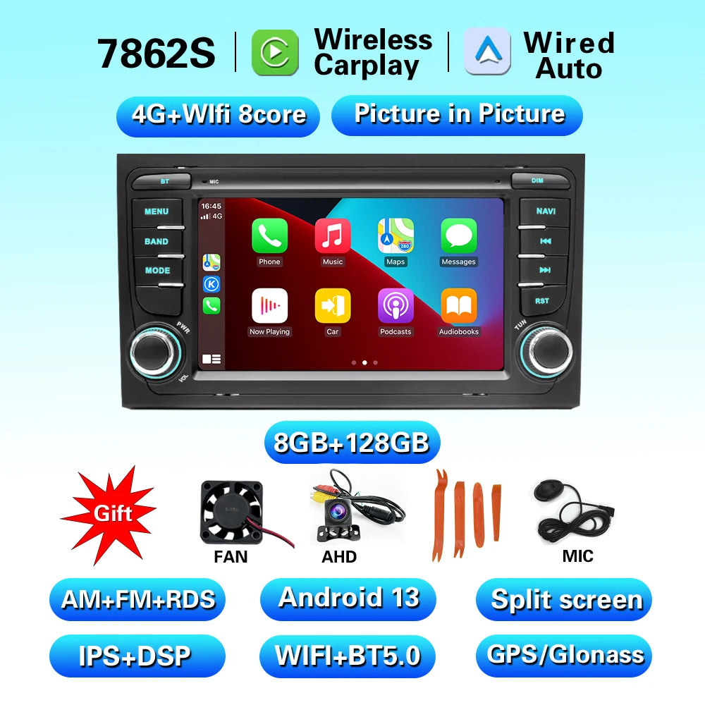 2 Din Carplay Android Auto Car Stereo multimedia Player For Audi A4 B6 2000-2006 S4 B7 RS4 Seat Exeo Autoradio GPS Navi 7862