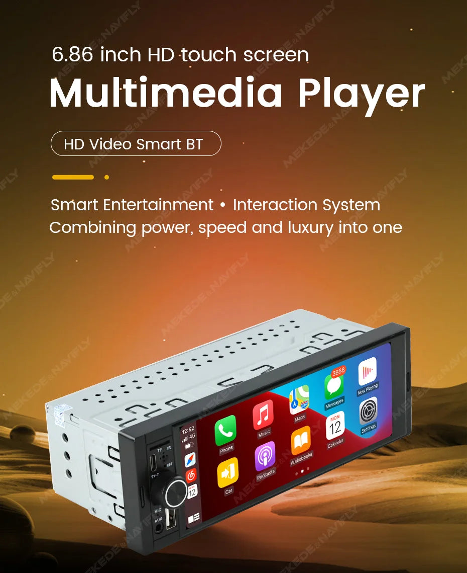 1Din Wireless CarPlay Android AUTO HD touch screen Universal 6.86'' Car Radio FM Stereo MP5 multimedia player BT TF port Camera