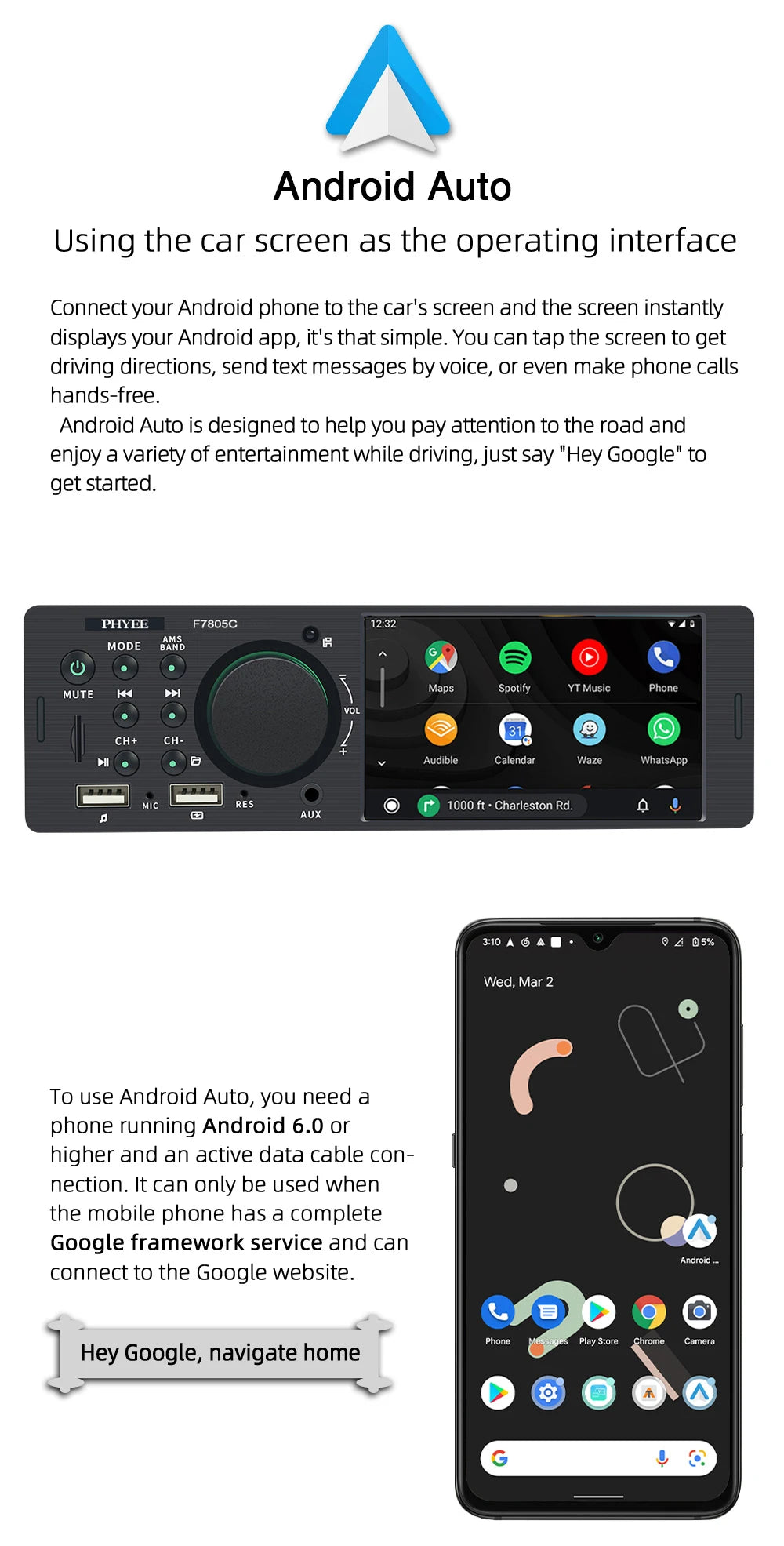 1 Din 4" CarPlay Car Radio, Bluetooth, Android-Auto, MP5 Player, Handfree A2DP, USB TF Aux Stereo, Multimedia Head Unit F7805C