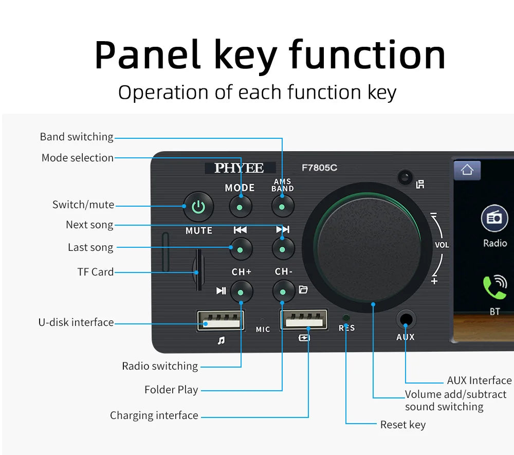 1 Din 4" CarPlay Car Radio, Bluetooth, Android-Auto, MP5 Player, Handfree A2DP, USB TF Aux Stereo, Multimedia Head Unit F7805C