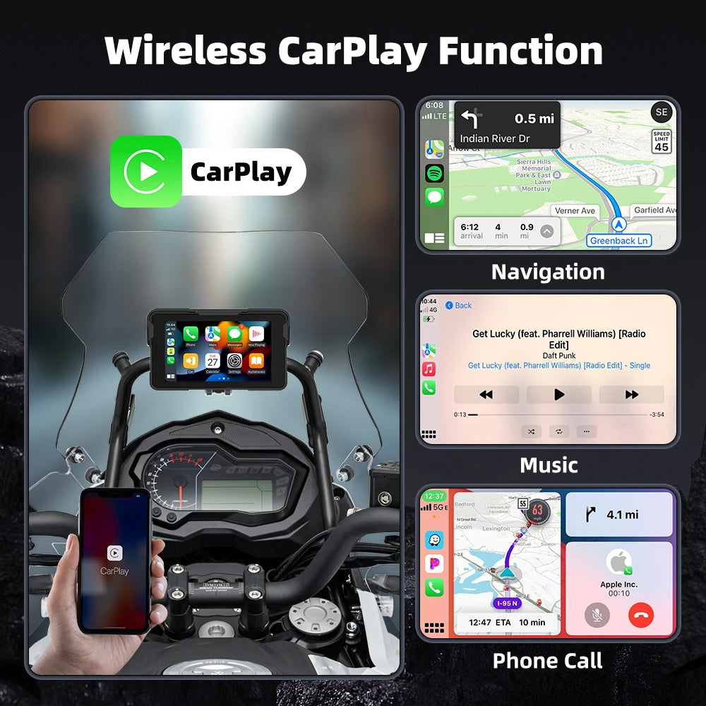 EKIY 5.0 inch Wireless CarPlay Moto Android Auto Portable Digital Motorcycle Dashboard GPS Motorcycle Navigation Display Screen