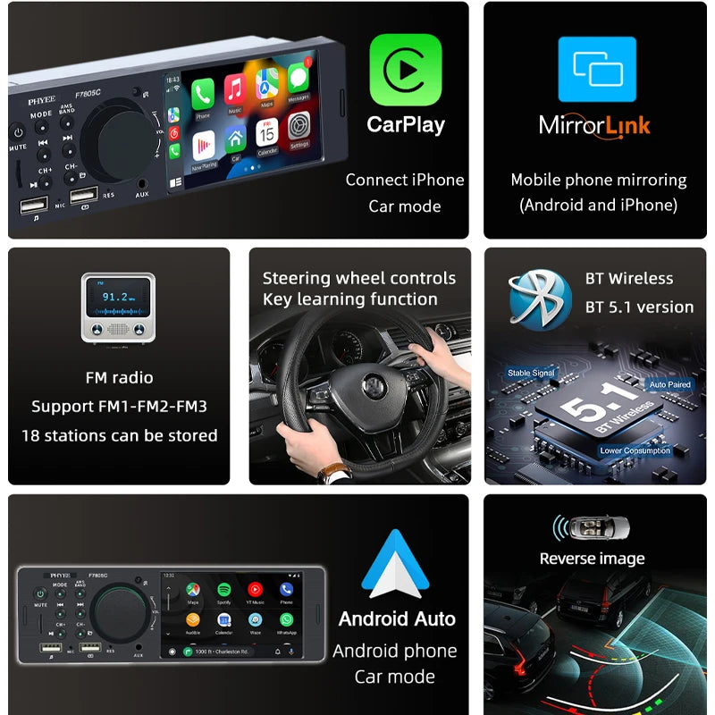 1 Din 4" CarPlay Car Radio, Bluetooth, Android-Auto, MP5 Player, Handfree A2DP, USB TF Aux Stereo, Multimedia Head Unit F7805C