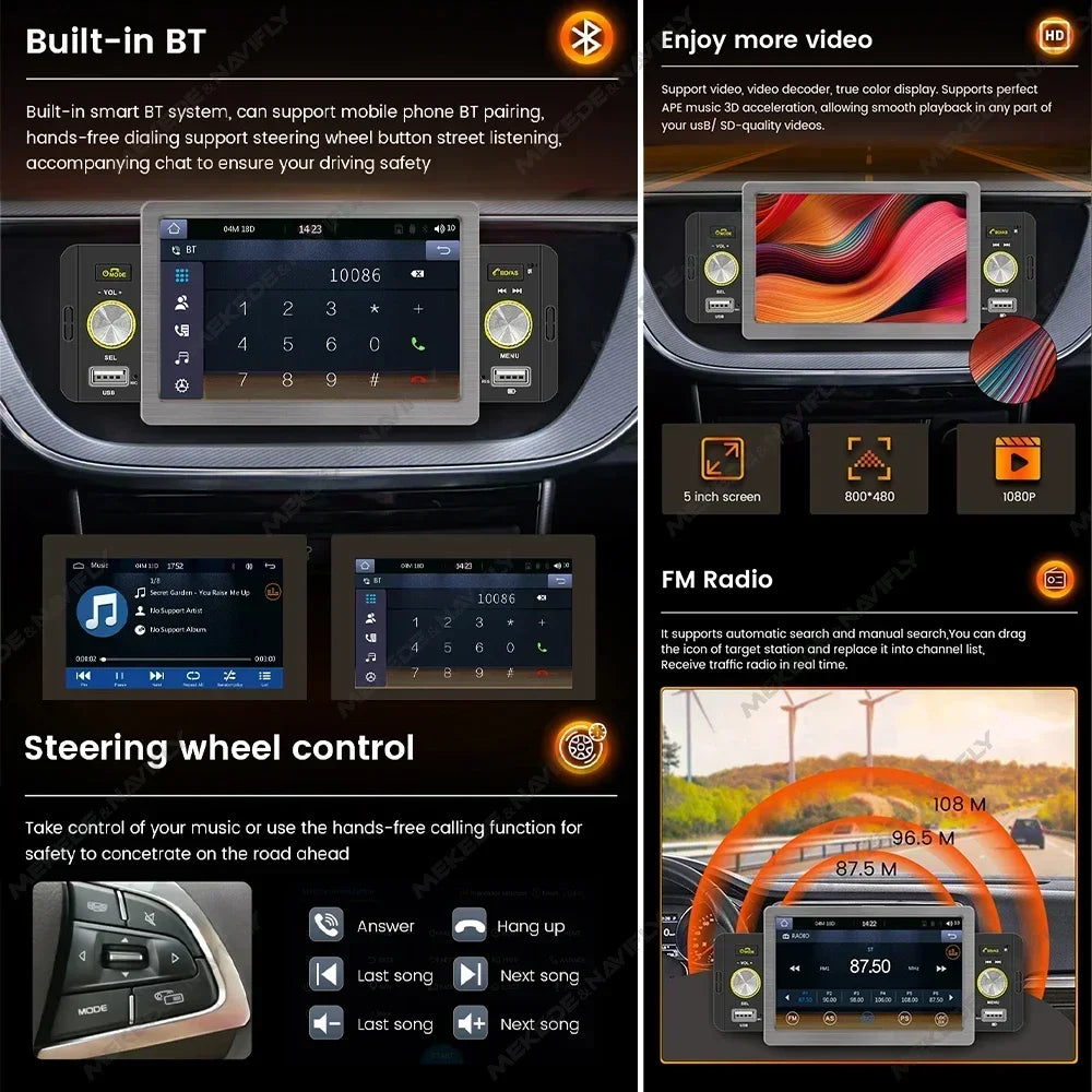 1din Car Play Android Auto Radio Multimedia Video Player 5inch Touch Screen Automotive Intelligent System Rear View Camera Input