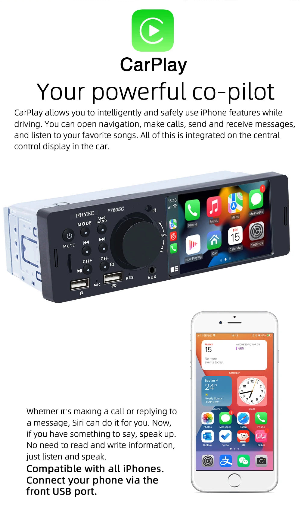 1 Din 4" CarPlay Car Radio, Bluetooth, Android-Auto, MP5 Player, Handfree A2DP, USB TF Aux Stereo, Multimedia Head Unit F7805C