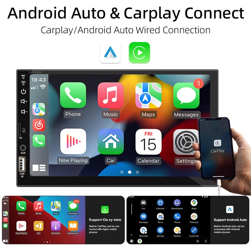 Carplay Car Radio 1 Din Android Auto Multimedia Player HD 7‘’ Touch Screen FM AUX Input Bluetooth MirrorLink Universal Autoradio