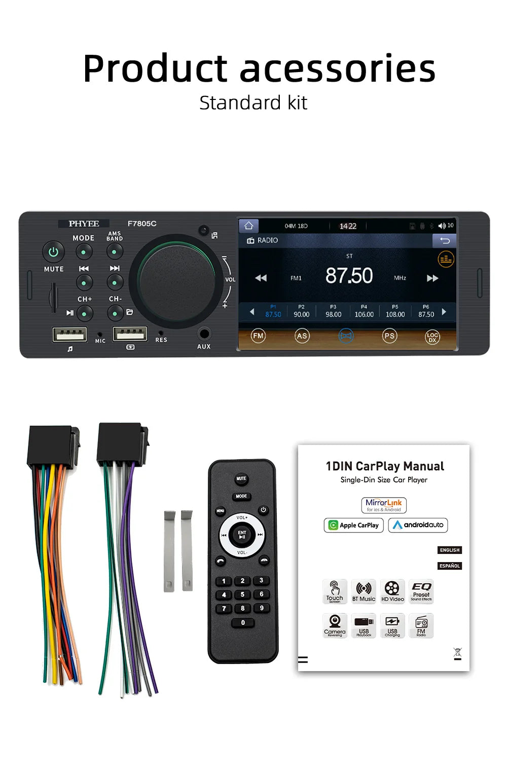 1 Din 4" CarPlay Car Radio, Bluetooth, Android-Auto, MP5 Player, Handfree A2DP, USB TF Aux Stereo, Multimedia Head Unit F7805C