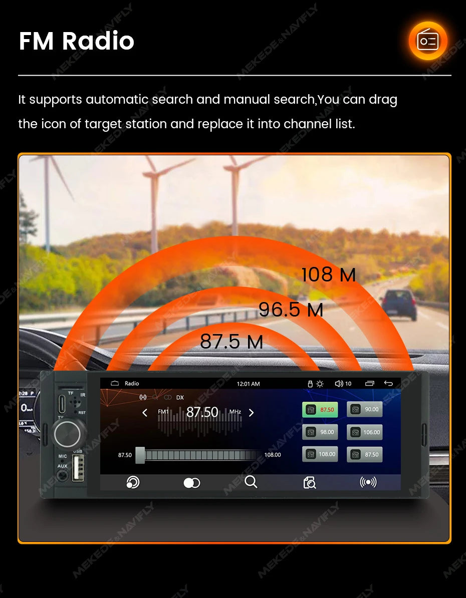 1Din Wireless CarPlay Android AUTO HD touch screen Universal 6.86'' Car Radio FM Stereo MP5 multimedia player BT TF port Camera