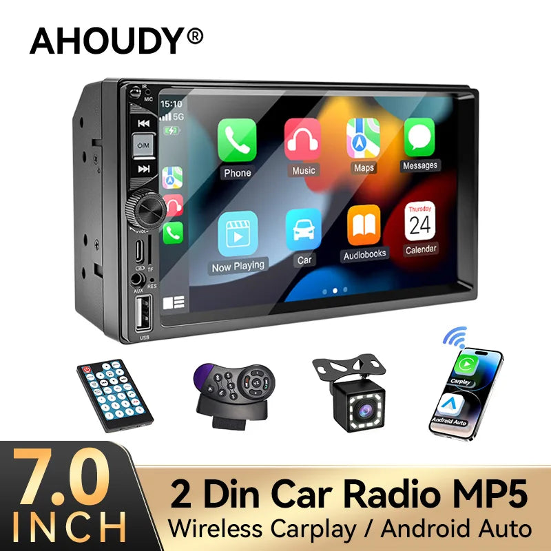 AHOUDY Car Radio 2 Din Wireless Carplay Android Auto 7-Inch HD Touch Screen MP5 Player Mirrorlink 12-LED Reversing Camera BT