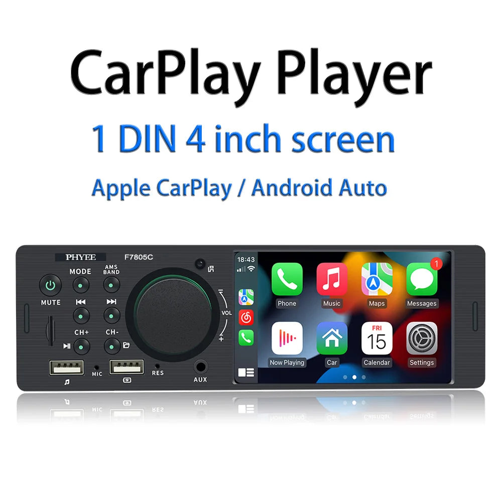 1 Din 4" CarPlay Car Radio, Bluetooth, Android-Auto, MP5 Player, Handfree A2DP, USB TF Aux Stereo, Multimedia Head Unit F7805C