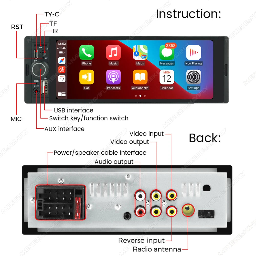 1Din Wireless CarPlay Android AUTO HD touch screen Universal 6.86'' Car Radio FM Stereo MP5 multimedia player BT TF port Camera