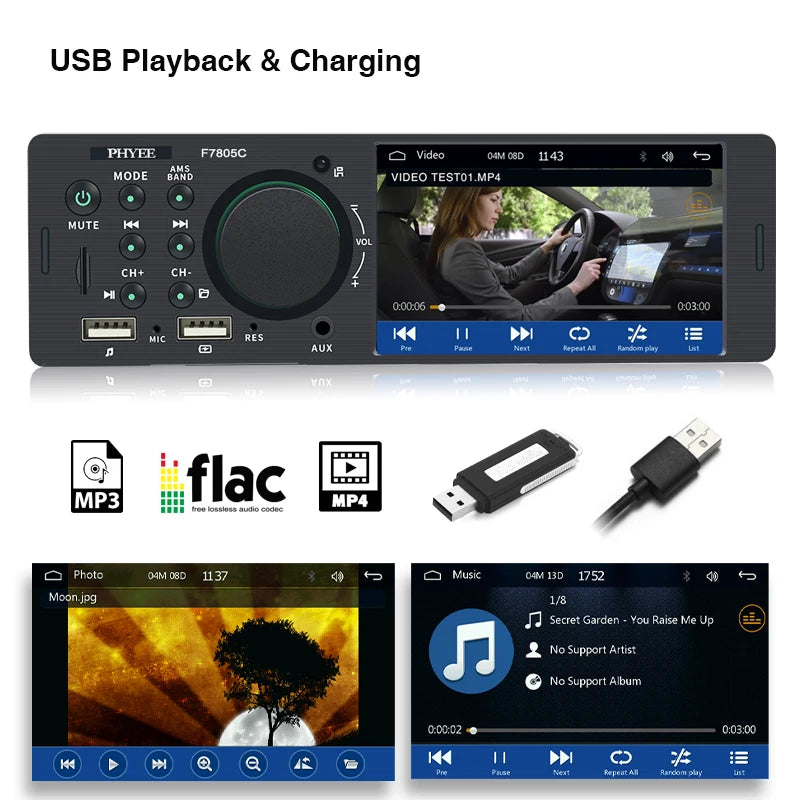 1 Din 4" CarPlay Car Radio, Bluetooth, Android-Auto, MP5 Player, Handfree A2DP, USB TF Aux Stereo, Multimedia Head Unit F7805C
