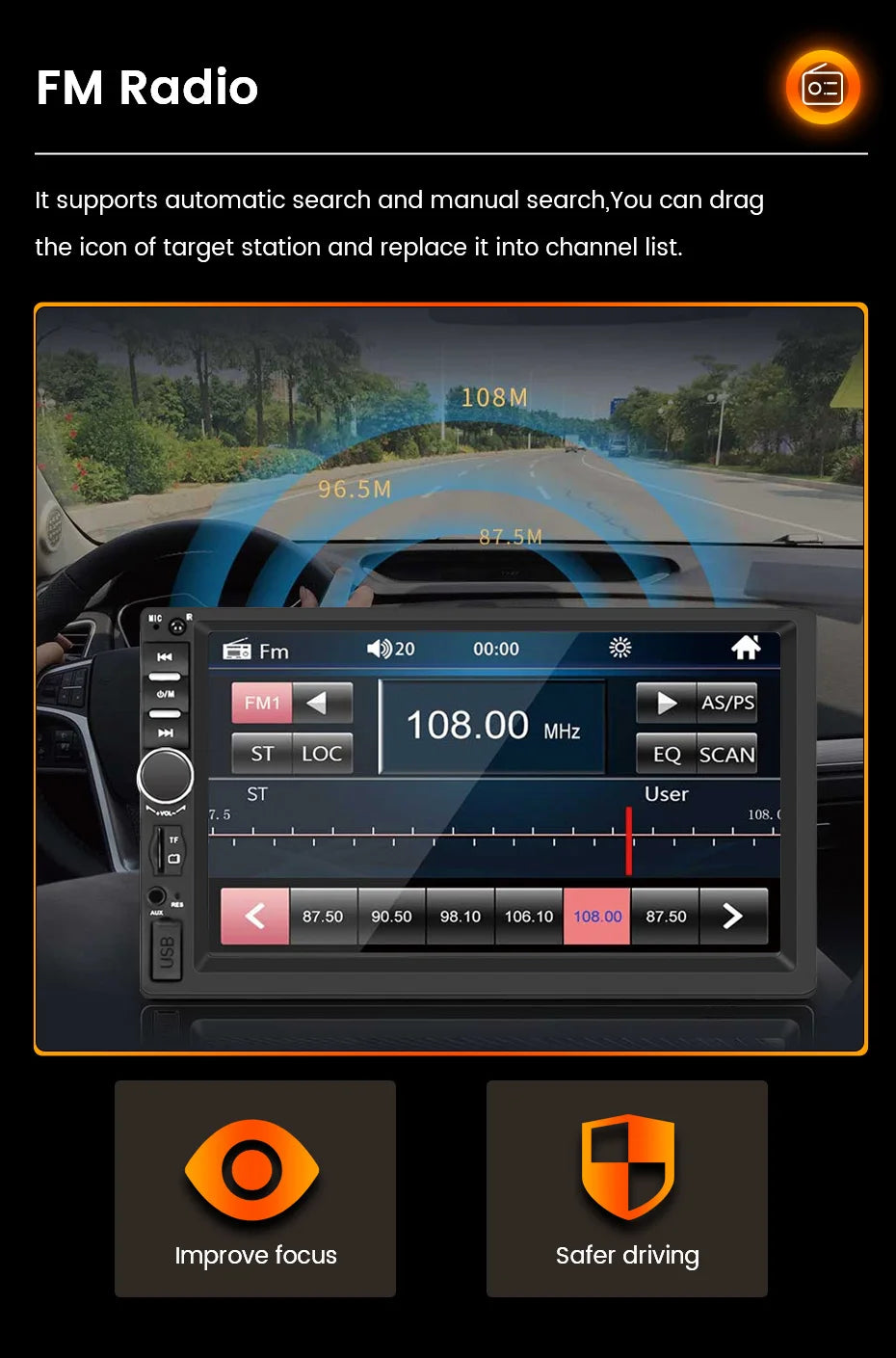 2DIN 7inch Touchscreen Car Radio With CarPlay Android Auto Rearview Camera Multimedia Video Player Supporting BT AUX FM/AM USB