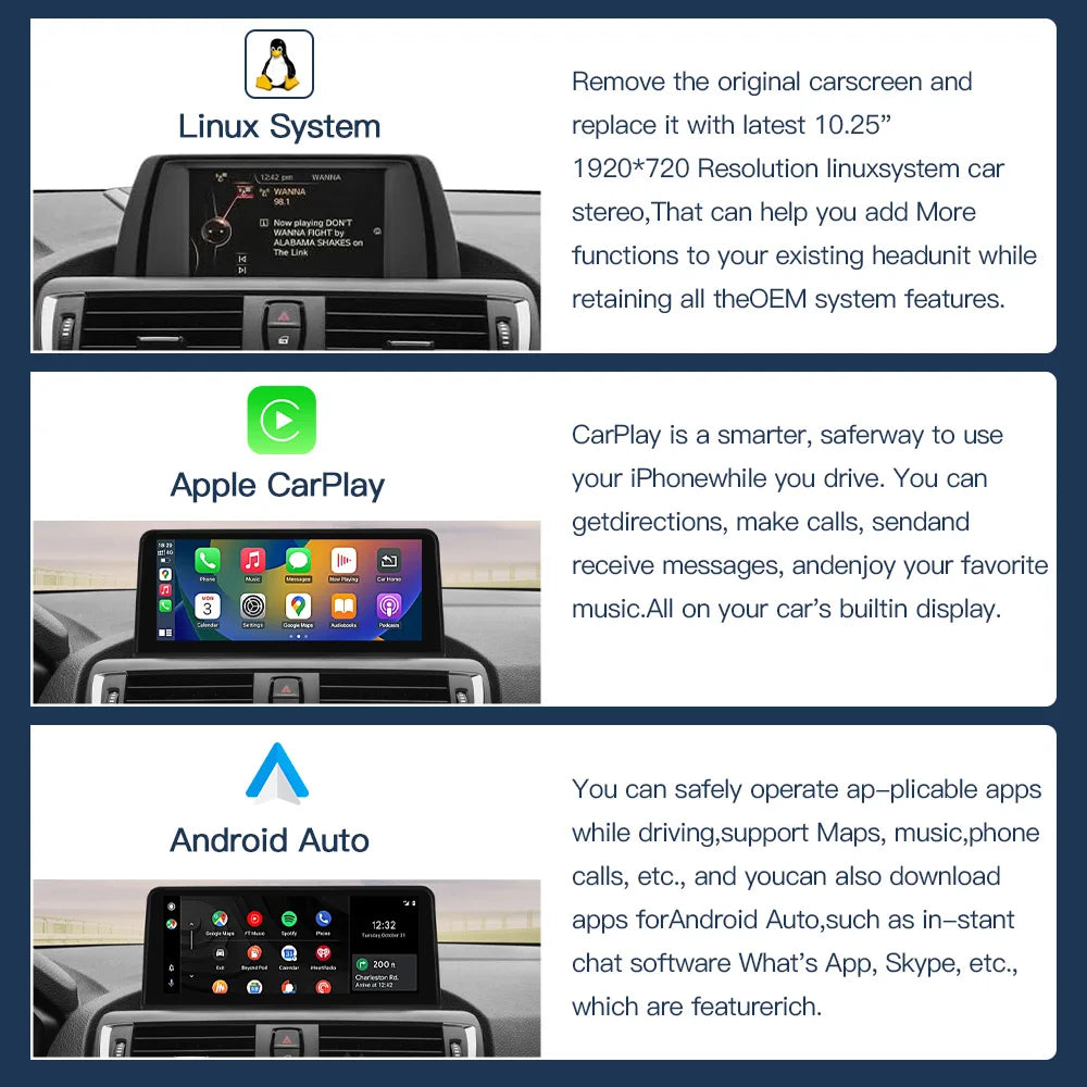 Wireless Carplay Android Auto Car monitor Multimedia for BMW1 2 3 4 5 Series F10/F11/F20/F21/F30/F31/F32/F33/F34/F36 NBT System