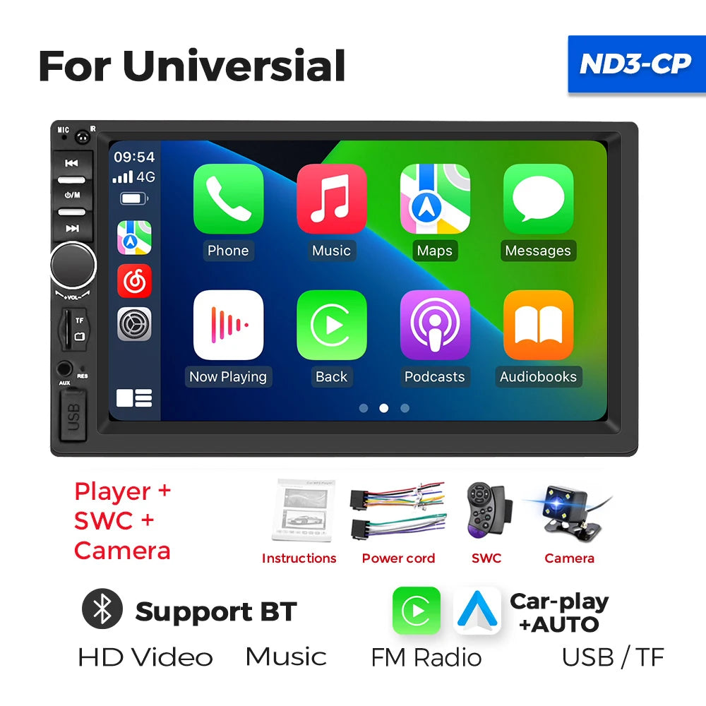 2DIN 7inch Touchscreen Car Radio With CarPlay Android Auto Rearview Camera Multimedia Video Player Supporting BT AUX FM/AM USB