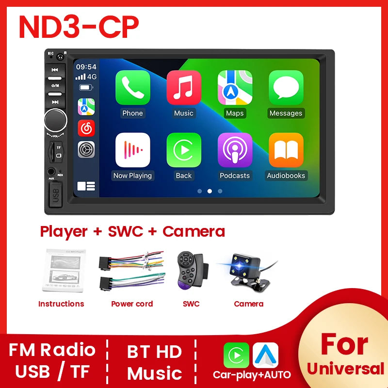 2DIN 7inch Touchscreen Car Radio With CarPlay Android Auto Rearview Camera Multimedia Video Player Supporting BT AUX FM/AM USB