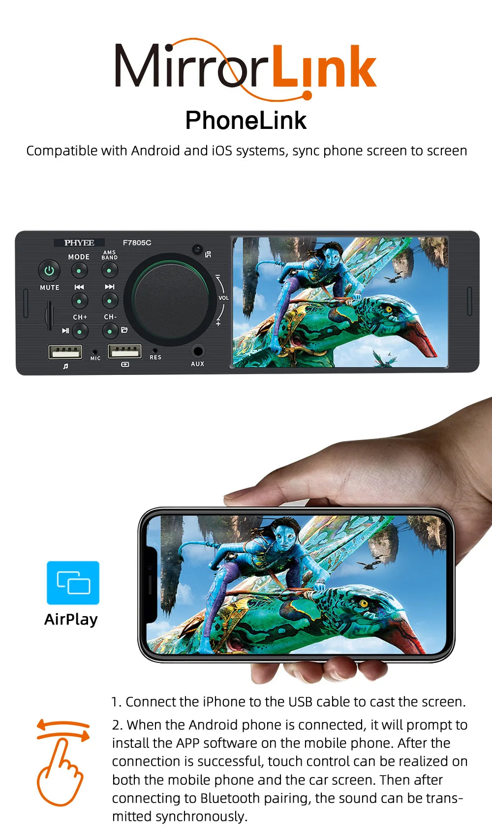 1 Din 4" CarPlay Car Radio, Bluetooth, Android-Auto, MP5 Player, Handfree A2DP, USB TF Aux Stereo, Multimedia Head Unit F7805C