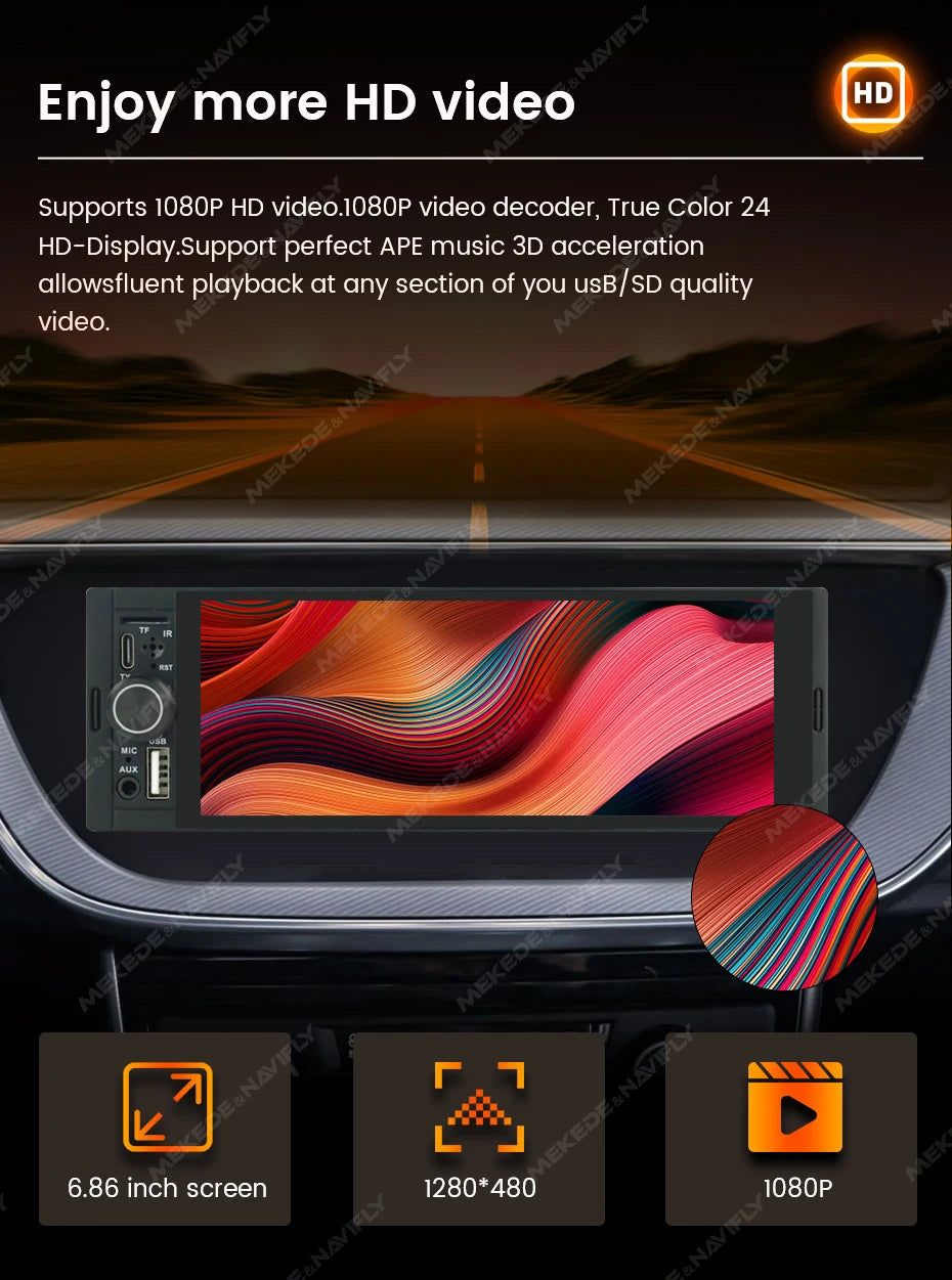 1Din Wireless CarPlay Android AUTO HD touch screen Universal 6.86'' Car Radio FM Stereo MP5 multimedia player BT TF port Camera