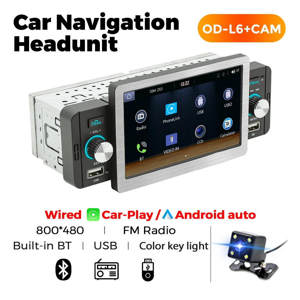 1din Car Play Android Auto Radio Multimedia Video Player 5inch Touch Screen Automotive Intelligent System Rear View Camera Input