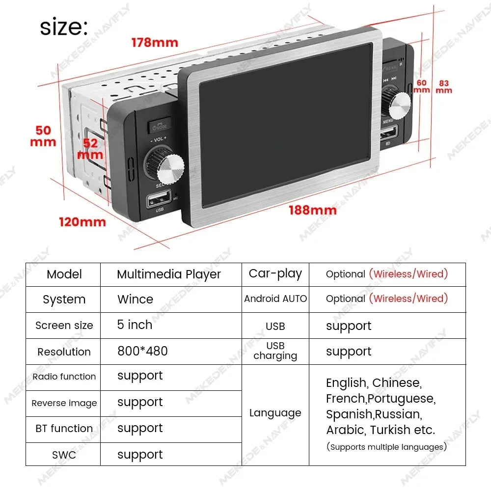 1din Car Play Android Auto Radio Multimedia Video Player 5inch Touch Screen Automotive Intelligent System Rear View Camera Input