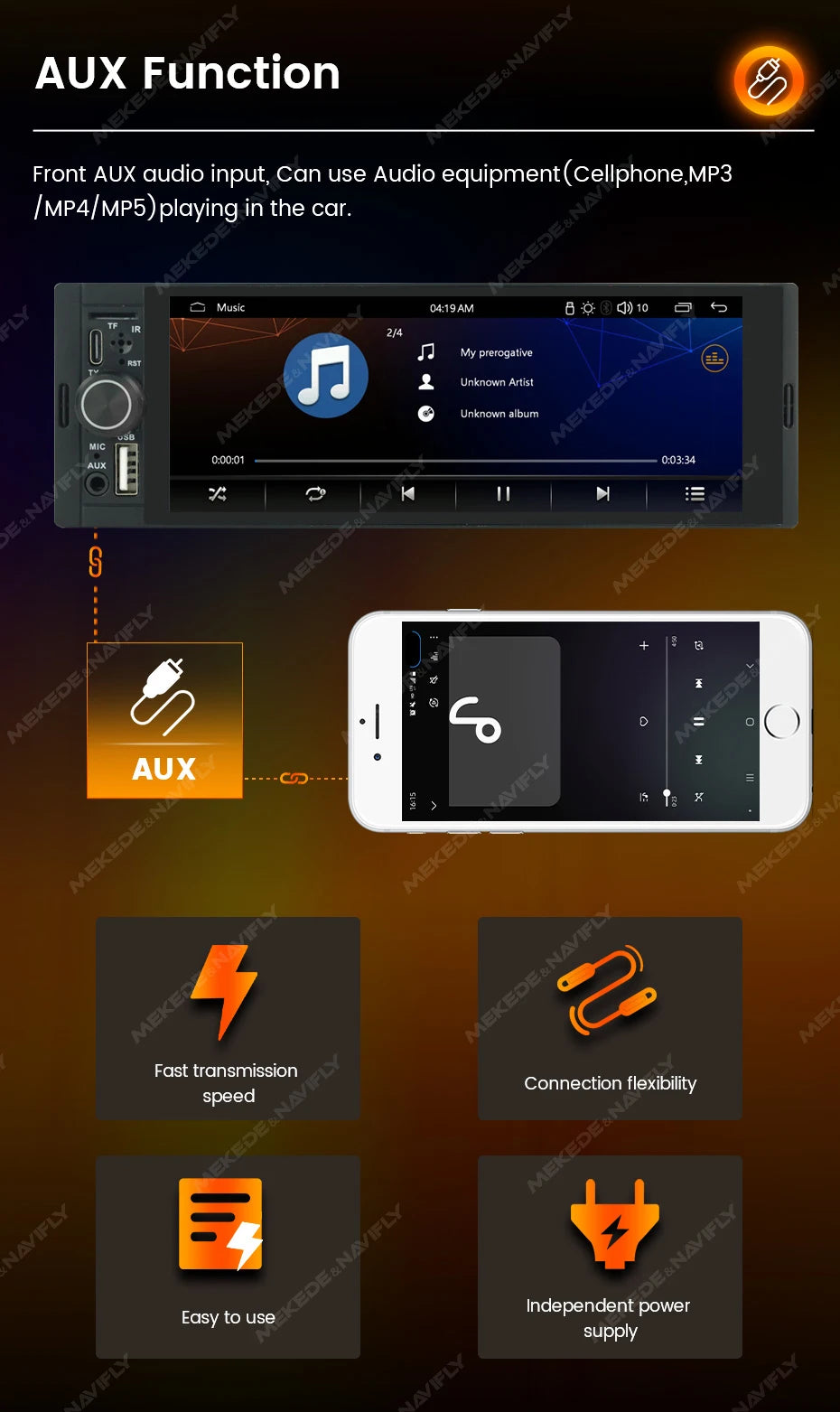 1Din Wireless CarPlay Android AUTO HD touch screen Universal 6.86'' Car Radio FM Stereo MP5 multimedia player BT TF port Camera