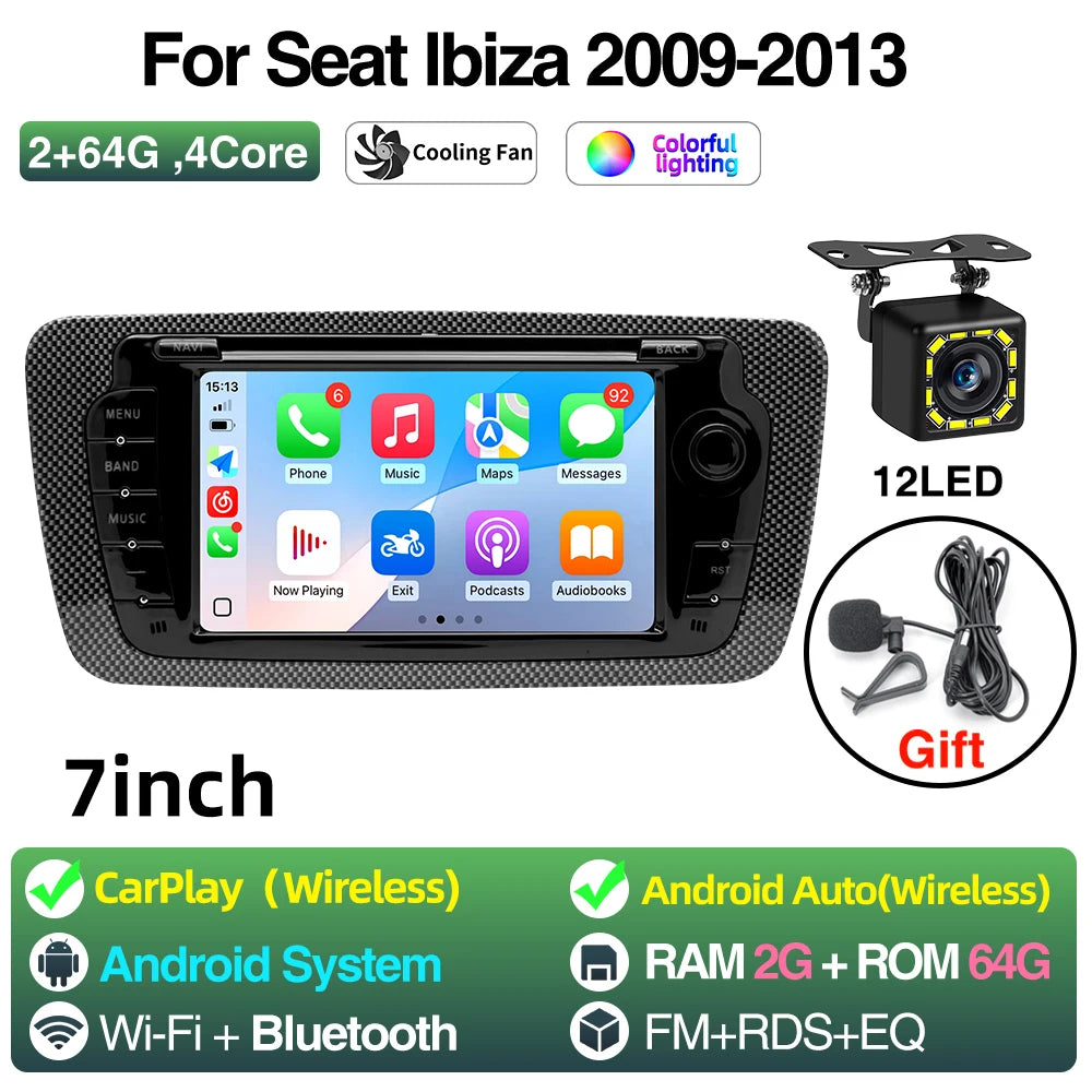 2 Din Car Radio for Seat Ibiza 2009-2013 Audio Multimedia Player CarPlay Android Auto GPS Bluetooth WIFI FM RDS Autoradio