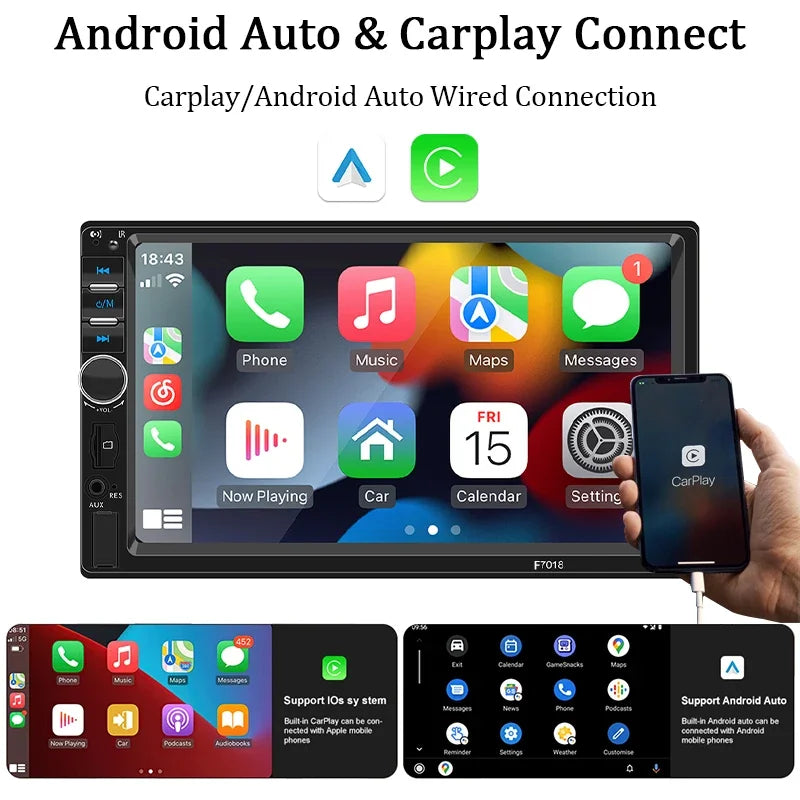 Car Radio 1 Din 7“ Carplay Android Auto Universal Multimedia Autoradio Player HD Touch Screen FM AUX Input Bluetooth MirrorLink