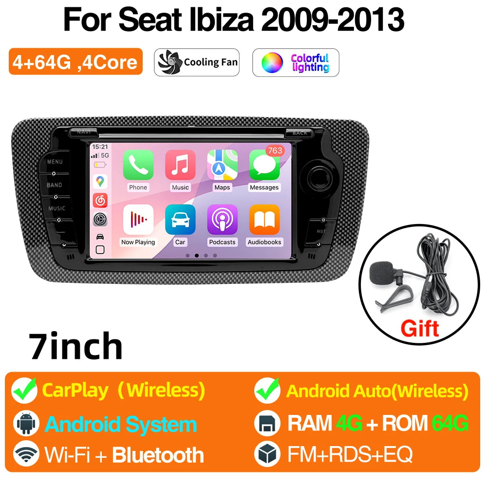 2 Din Car Radio for Seat Ibiza 2009-2013 Audio Multimedia Player CarPlay Android Auto GPS Bluetooth WIFI FM RDS Autoradio