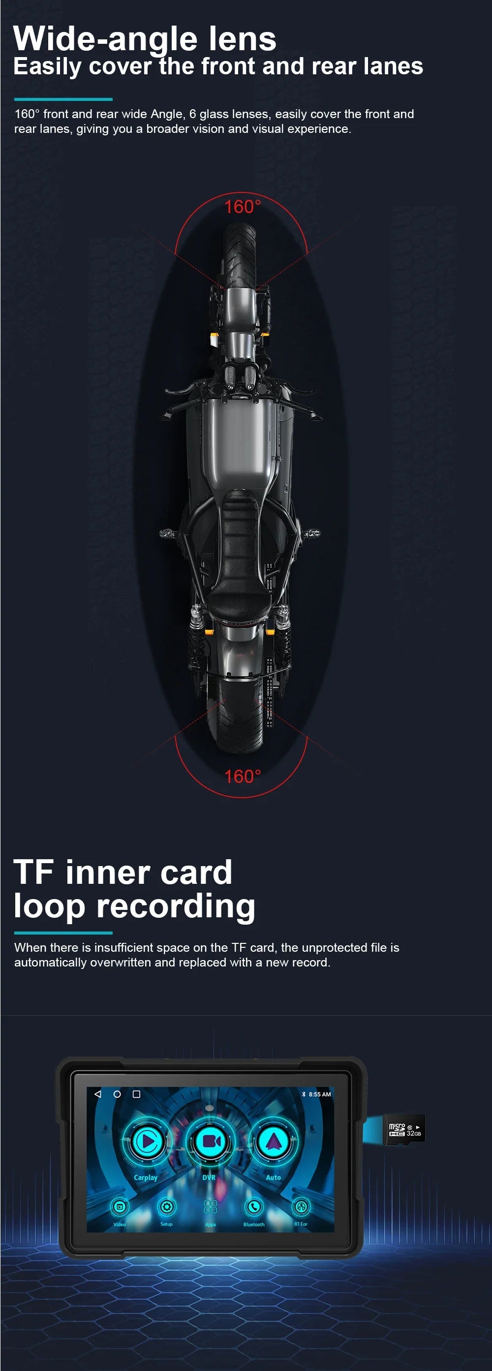 Wireless CarPlay Moto 5 inch Portable Digital Motorcycle Dashboard GPS Navigation Display Screen Android Auto Monitor