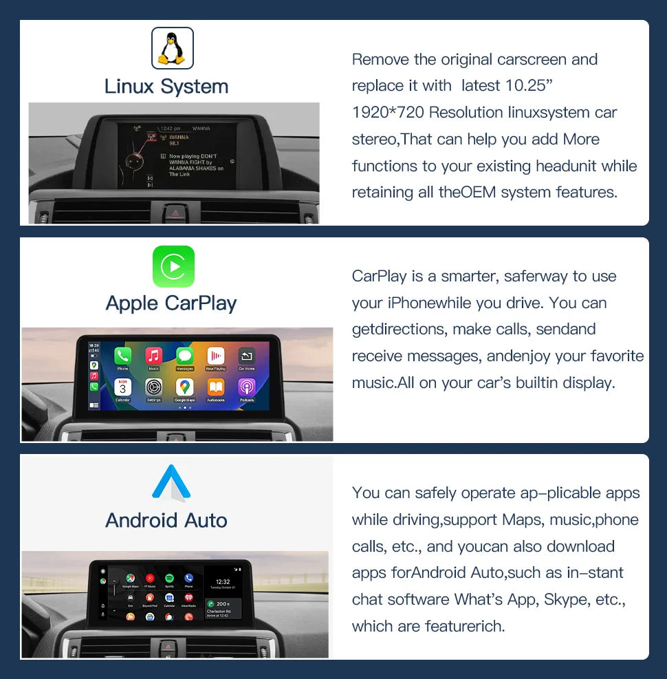 Wireless Carplay Android Auto Car monitor Multimedia for BMW1 2 3 4 5 Series F10/F11/F20/F21/F30/F31/F32/F33/F34/F36 NBT System