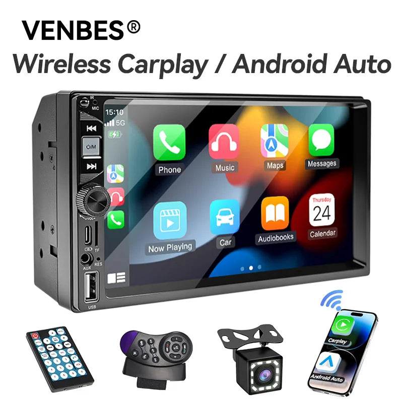 AHOUDY Car Radio 2 Din Wireless Carplay Android Auto 7-Inch HD Touch Screen MP5 Player Mirrorlink 12-LED Reversing Camera BT