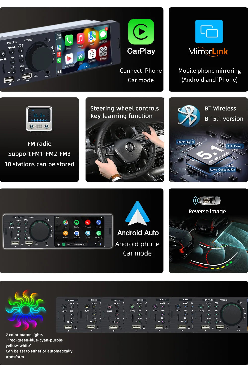 1 Din 4" CarPlay Car Radio, Bluetooth, Android-Auto, MP5 Player, Handfree A2DP, USB TF Aux Stereo, Multimedia Head Unit F7805C