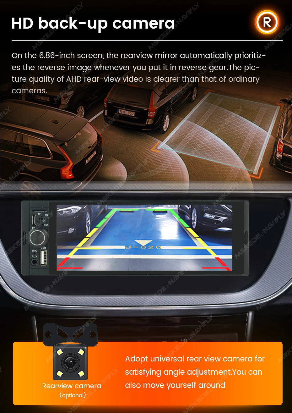 1Din Wireless CarPlay Android AUTO HD touch screen Universal 6.86'' Car Radio FM Stereo MP5 multimedia player BT TF port Camera