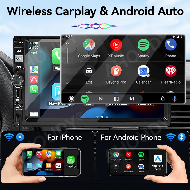 AHOUDY Car Radio 2 Din Wireless Carplay Android Auto 7-Inch HD Touch Screen MP5 Player Mirrorlink 12-LED Reversing Camera BT