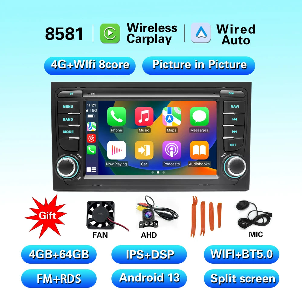 2 Din Carplay Android Auto Car Stereo multimedia Player For Audi A4 B6 2000-2006 S4 B7 RS4 Seat Exeo Autoradio GPS Navi 7862