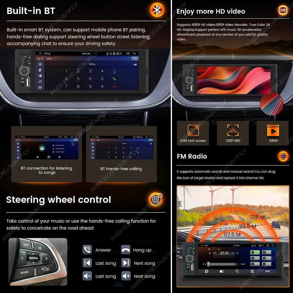 1Din Wireless CarPlay Android AUTO HD touch screen Universal 6.86'' Car Radio FM Stereo MP5 multimedia player BT TF port Camera