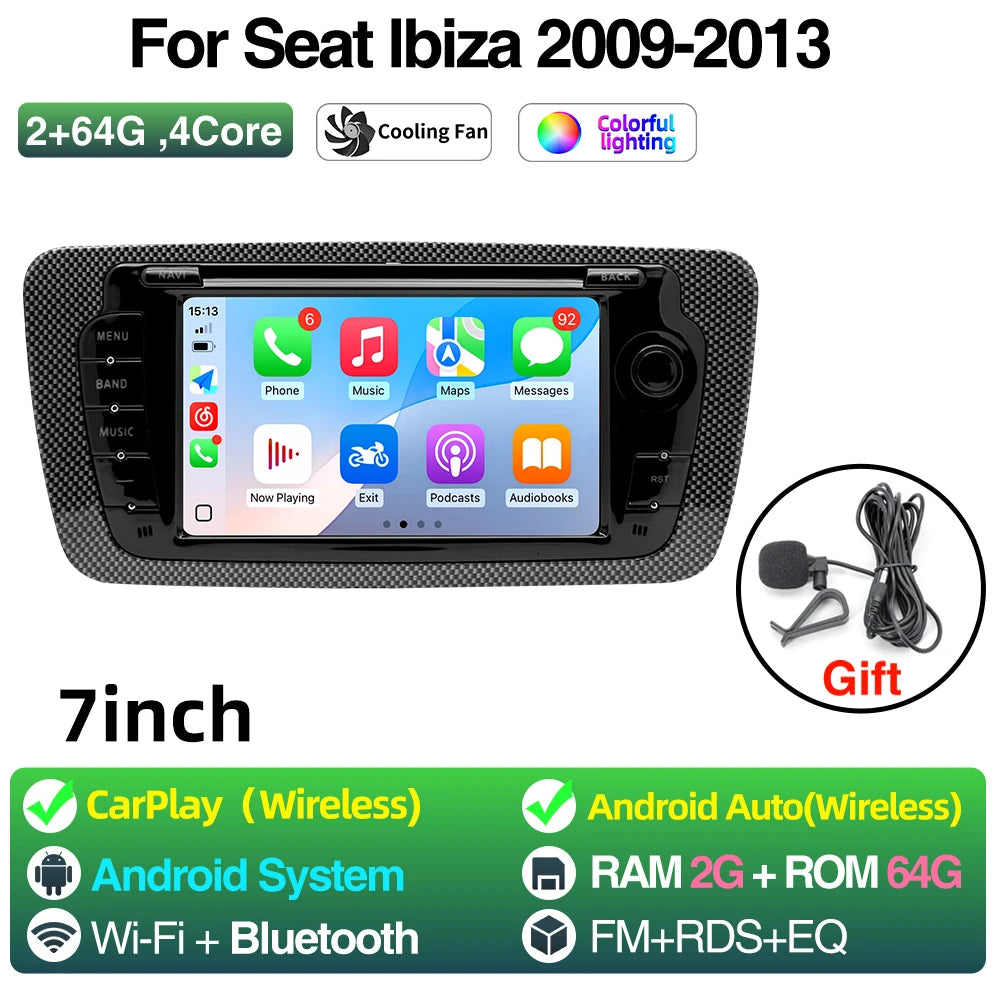 2 Din Car Radio for Seat Ibiza 2009-2013 Audio Multimedia Player CarPlay Android Auto GPS Bluetooth WIFI FM RDS Autoradio