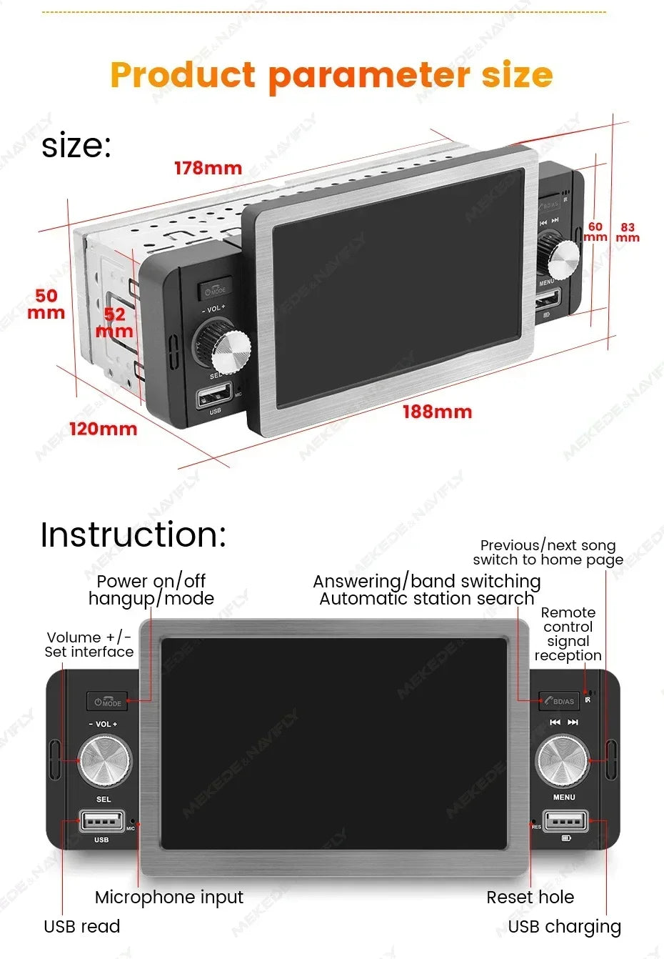 1din Car Play Android Auto Radio Multimedia Video Player 5inch Touch Screen Automotive Intelligent System Rear View Camera Input