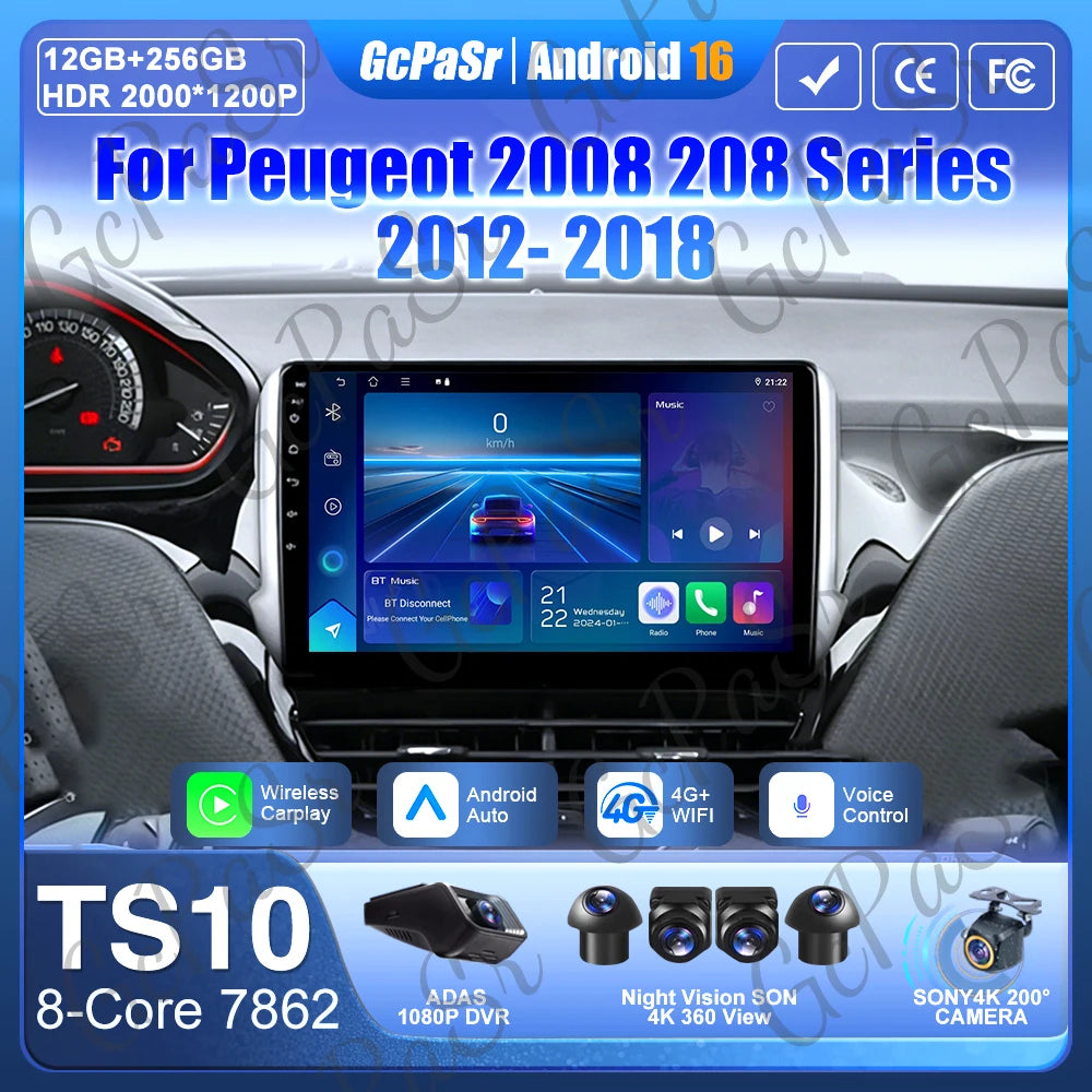 No 2din Android 16 For Peugeot 2008 208 Series 2012 - 2018 Carplay Car Radio Multimedia Player Stereo Video GPS Autoradio DVD 2k