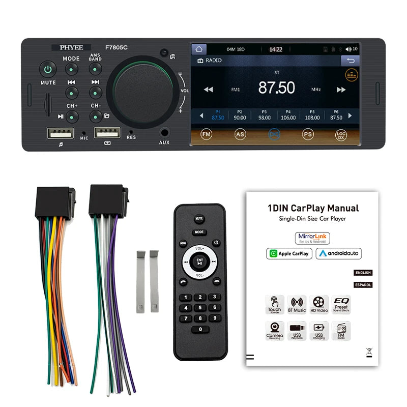 1 Din 4" CarPlay Car Radio, Bluetooth, Android-Auto, MP5 Player, Handfree A2DP, USB TF Aux Stereo, Multimedia Head Unit F7805C