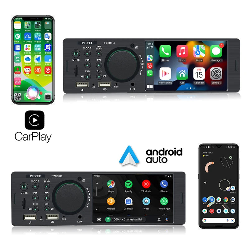 1 Din 4" CarPlay Car Radio, Bluetooth, Android-Auto, MP5 Player, Handfree A2DP, USB TF Aux Stereo, Multimedia Head Unit F7805C