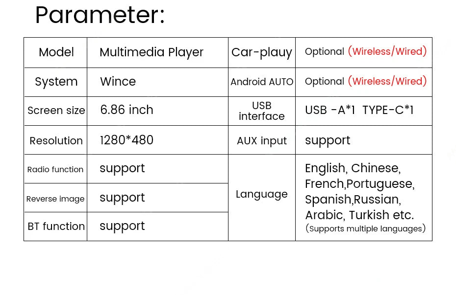 1Din Wireless CarPlay Android AUTO HD touch screen Universal 6.86'' Car Radio FM Stereo MP5 multimedia player BT TF port Camera
